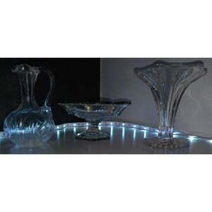 Old vinegar cruet with various other glassware pieces candy dish and small vase